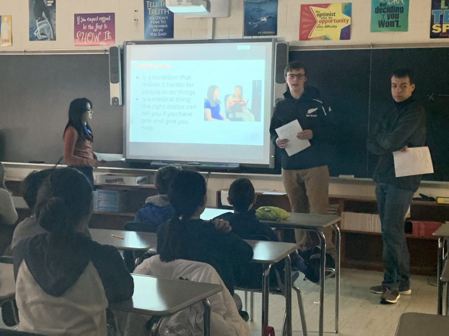 From left to right: Asaka Park, Walter Kruger, and Caio Simonetta present to Cresskill’s 
sixth-grade advisory group (photo c/o Mrs. Cavins’ Twitter page)
