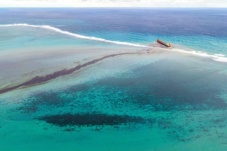 Oil leaking from a wreck near the Blue Bay Marine Park, off the coast of Mauritius, last year.                       Credit… Agence France-Presse - Getty Images.