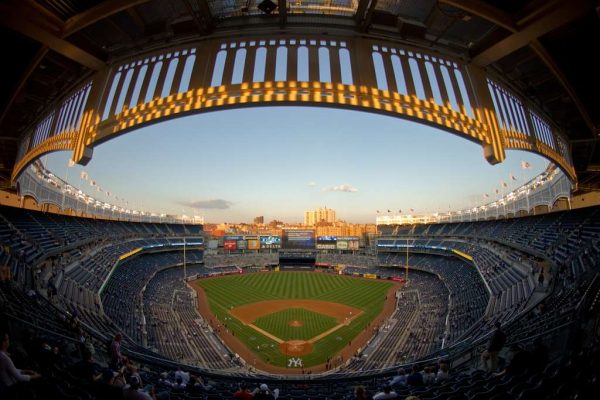 A view of Yankee Stadium in Bronx, N.Y., at sunset prior to the start of a game on Sept. 18, 2014. The Yankees hosted Airmen for the singing of the national anthem, Color Guard presentation, and F-16C Fighting Falcon flyover in honor of the U.S. Air Force 67th birthday. (U.S. Air National Guard photo by Tech. Sgt. Matt Hecht/Released)